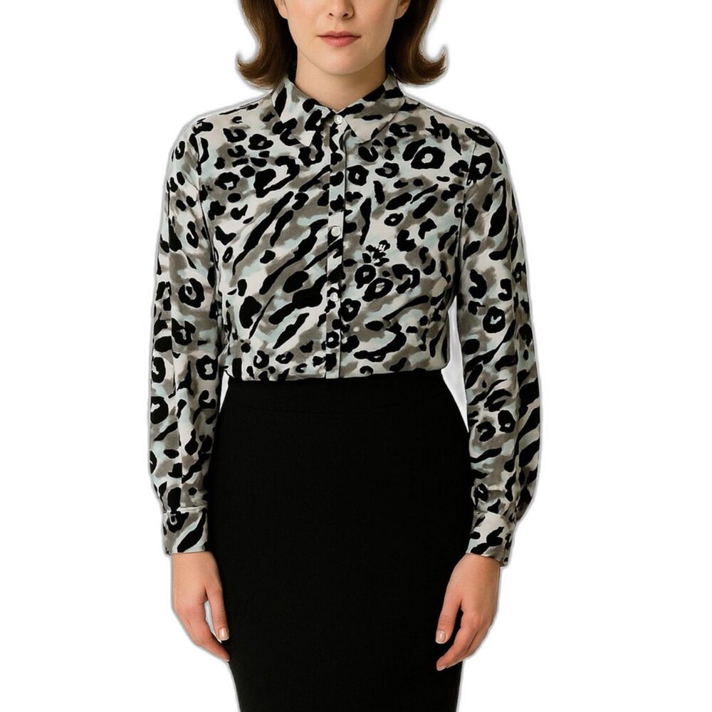 Christian Siriano Ivory Black Aqua Leopard Print Button-Up LS Shirt Size 18-20